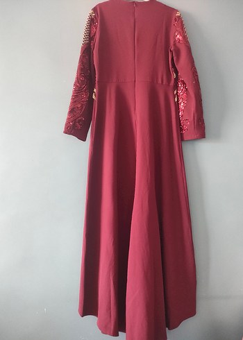 42 Beden bordo Renk Bordo İşlemeli Uzun Kollu Uzun Elbise