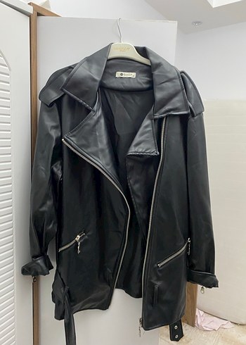 Kadın Siyah Deri Kemerli Biker Ceket - Görsel 2