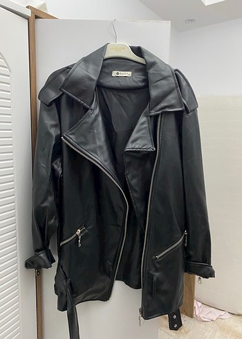 Kadın Siyah Deri Kemerli Biker Ceket - Görsel 3