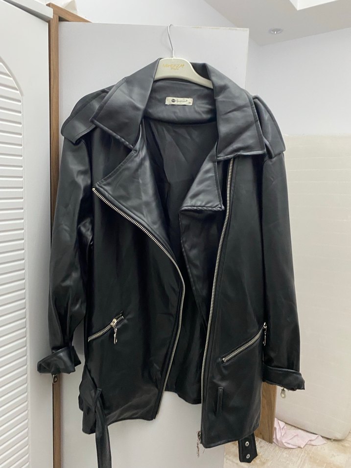 Kadın Siyah Deri Kemerli Biker Ceket - Görsel 2