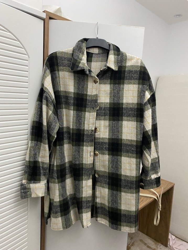 Gri Ekose Düğmeli Uzun Kollu Kadın Gömlek - Görsel 3