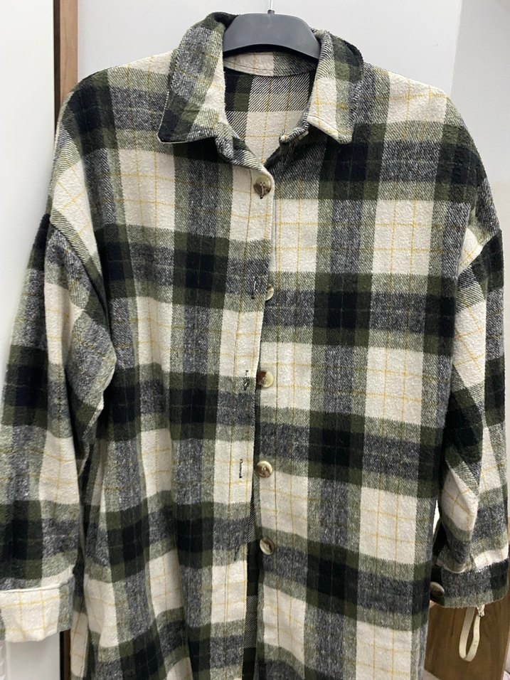 Gri Ekose Düğmeli Uzun Kollu Kadın Gömlek - Görsel 2