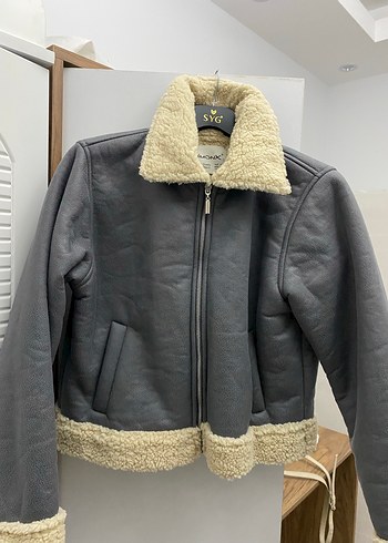 Gri Deri Kadın Ceket, Kürklü Yaka - Görsel 2