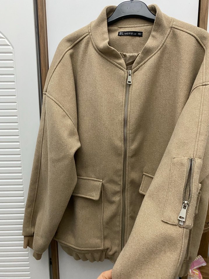 Bej Kadın Midi Boy Rahat Kesim Ceket astarlıdır mont şeklinde - Görsel 3