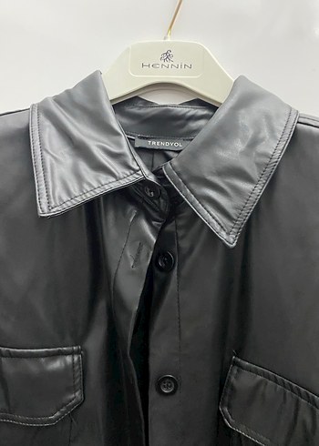 Düğmeli Siyah Deri Kadın Ceket - Görsel 2