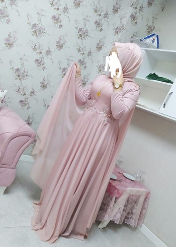 Pembe Drapeli Uzun Tesettür Nişan Elbisesi - Görsel 2