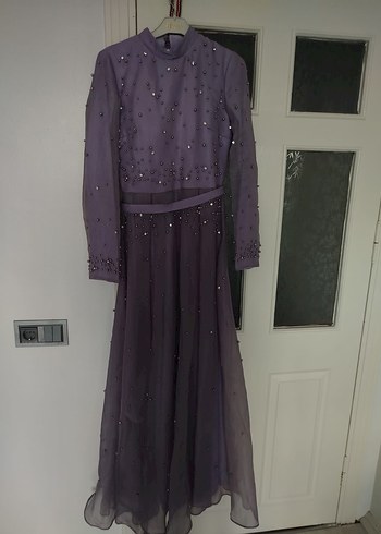 Mor Boncuk İşlemeli Uzun Abiye Elbise - Görsel 2