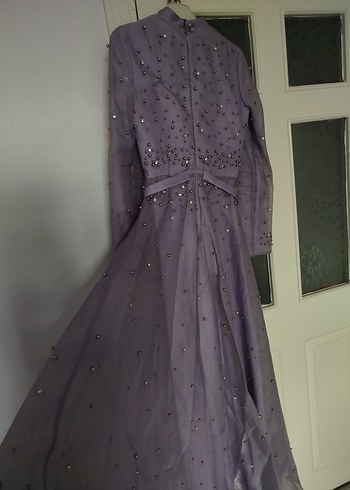 Mor Boncuk İşlemeli Uzun Abiye Elbise - Görsel 5