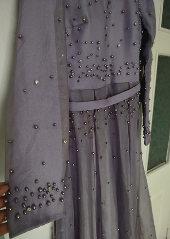 Mor Boncuk İşlemeli Uzun Abiye Elbise - Görsel 3