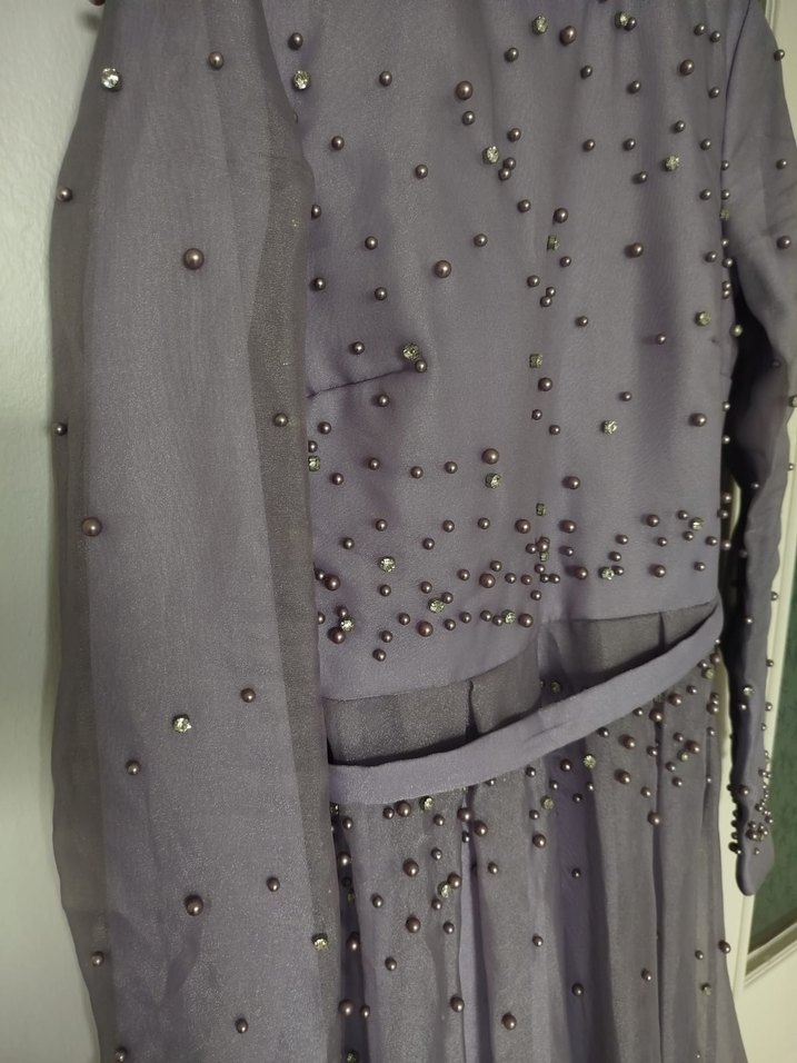 Mor Boncuk İşlemeli Uzun Abiye Elbise - Görsel 4