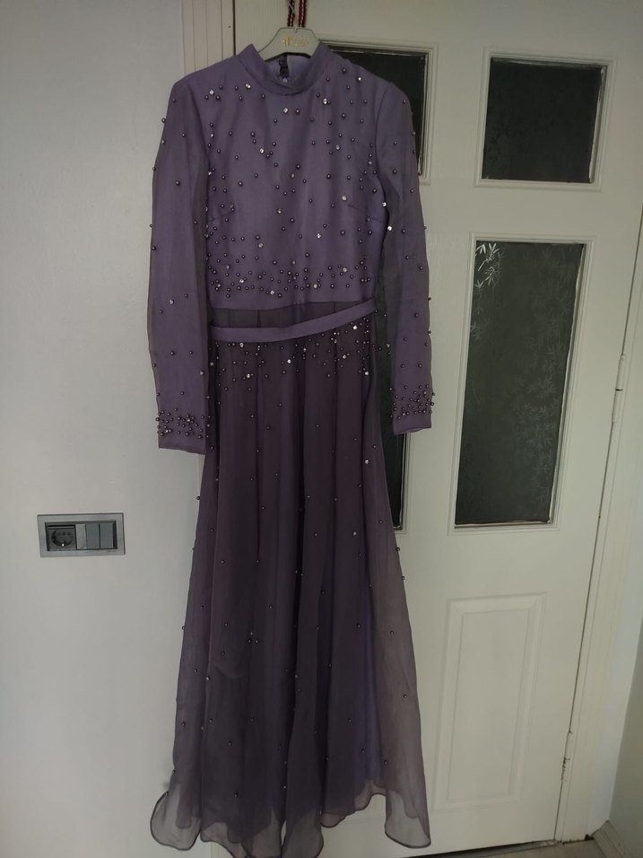 Mor Boncuk İşlemeli Uzun Abiye Elbise - Görsel 2