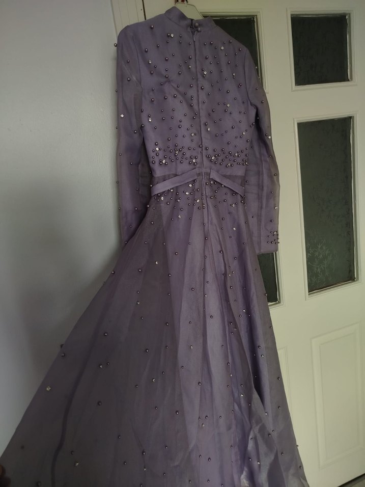 Mor Boncuk İşlemeli Uzun Abiye Elbise - Görsel 5