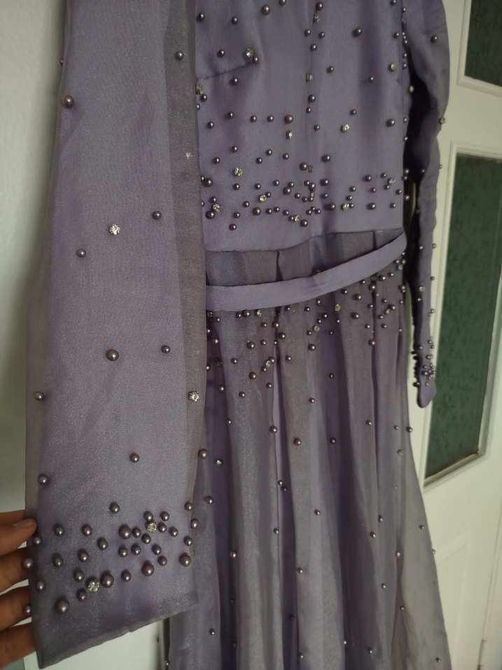 Mor Boncuk İşlemeli Uzun Abiye Elbise - Görsel 3