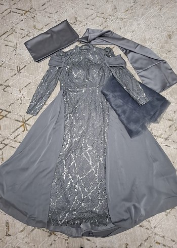 Uzun Kollu Gri Drapeli Abiye Elbise - Görsel 2