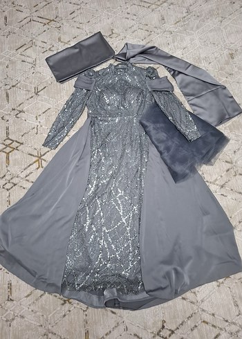 Uzun Kollu Gri Drapeli Abiye Elbise - Görsel 4