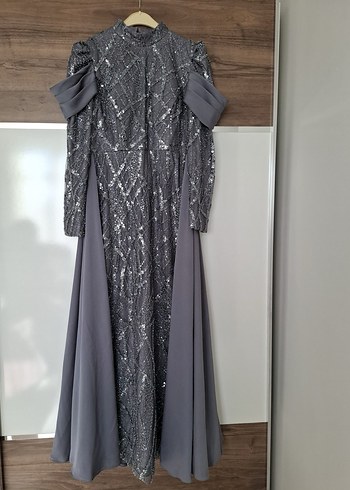 Uzun Kollu Gri Drapeli Abiye Elbise - Görsel 3