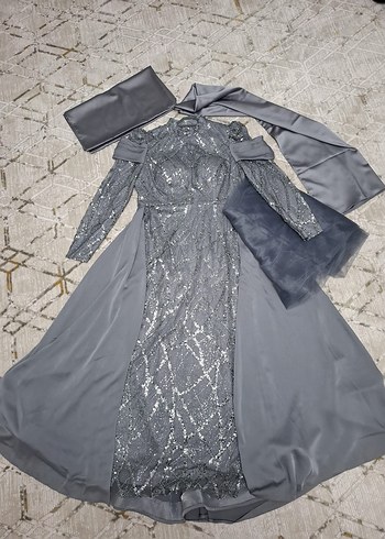 Uzun Kollu Gri Drapeli Abiye Elbise - Görsel 7