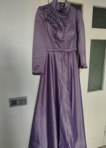 Mor Uzun Kollu İşlemeli Abiye Elbise - Görsel 5