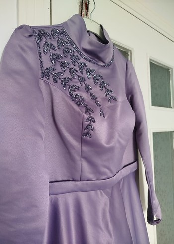 Mor Uzun Kollu İşlemeli Abiye Elbise - Görsel 4