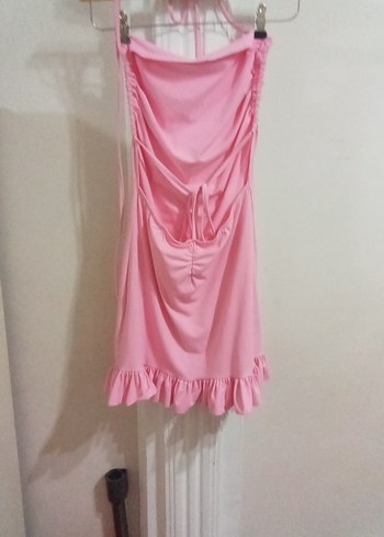 Pembe Straplez Midi Kısa Elbise