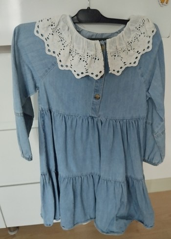 Kız Çocuk Mavi Denim Fırfırlı Elbise - Görsel 3