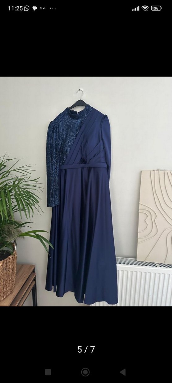 Lacivert Drapeli Uzun Abiye Elbise - Görsel 4