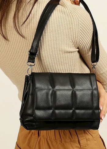 Kareli Siyah Suni Deri Kadın Çanta - Görsel 2