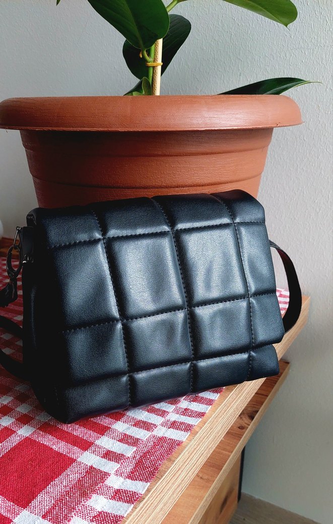 Kareli Siyah Suni Deri Kadın Çanta - Görsel 3