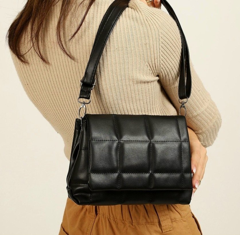 Kareli Siyah Suni Deri Kadın Çanta - Görsel 2