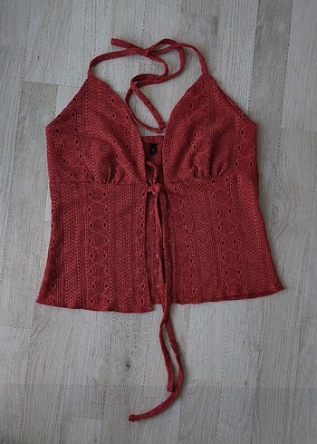 Kiremit Rengi Önden Bağlamalı Örme Bluz - Görsel 6