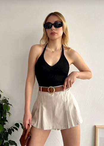 Bej Pileli Mini Şort Etek - Görsel 2