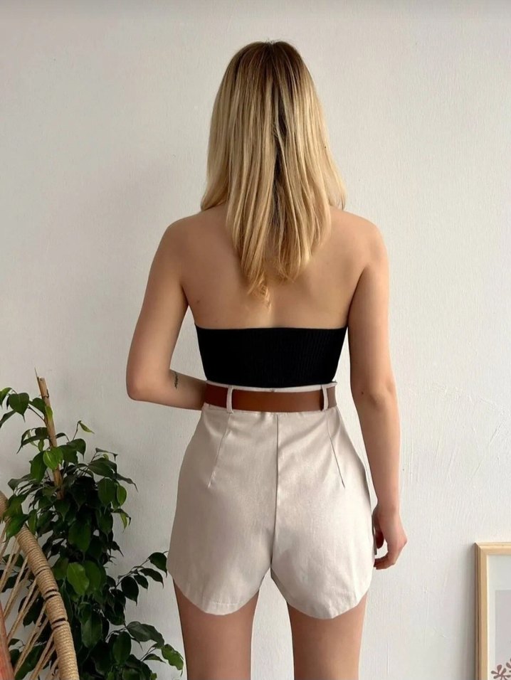 Bej Pileli Mini Şort Etek - Görsel 3