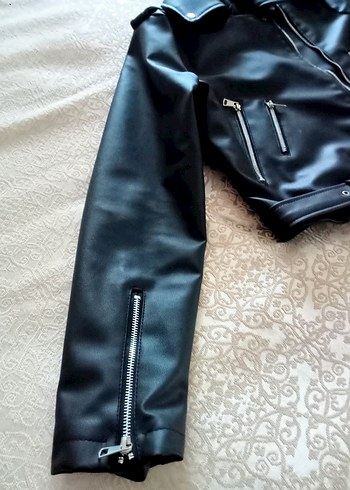 Kadın Siyah Deri Kemerli Biker Ceket - Görsel 3