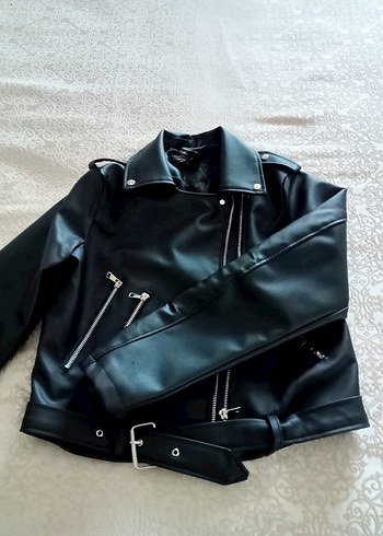 Kadın Siyah Deri Kemerli Biker Ceket - Görsel 4