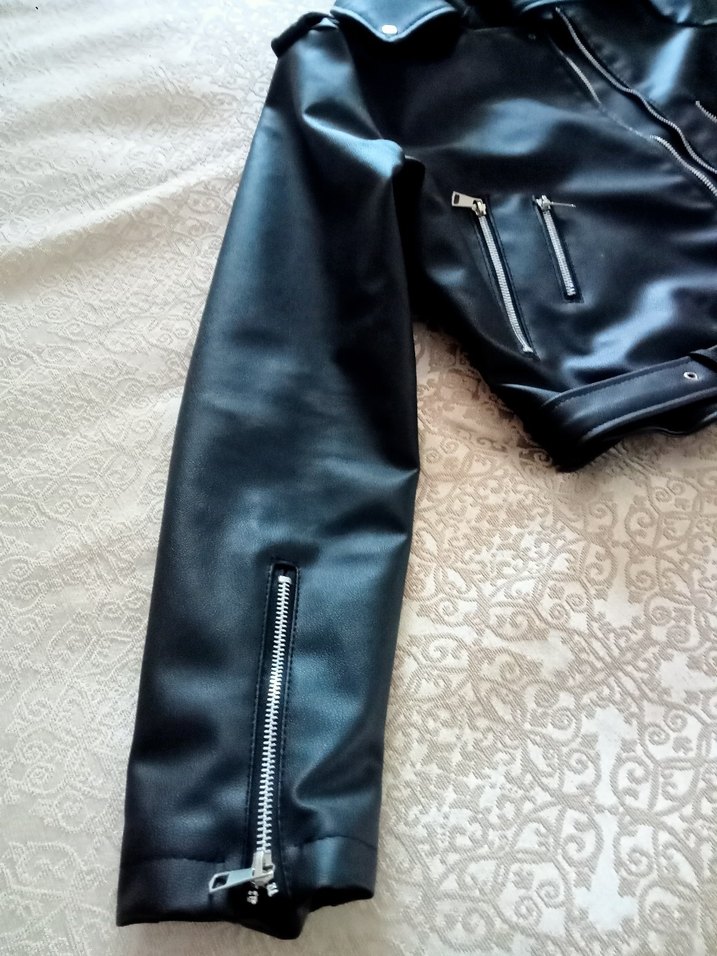 Kadın Siyah Deri Kemerli Biker Ceket - Görsel 3