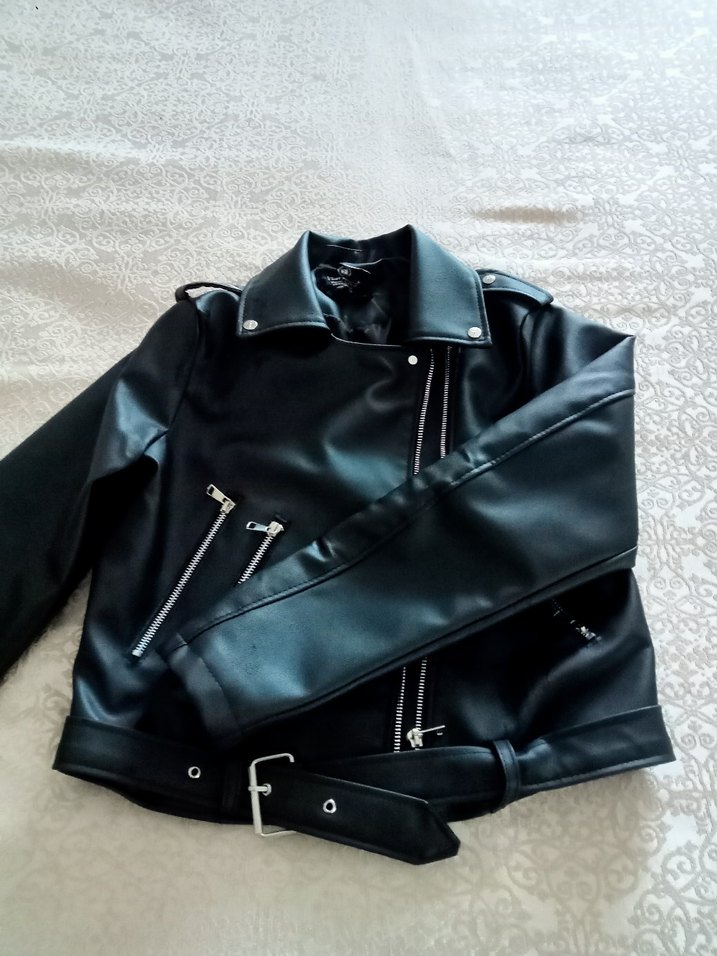 Kadın Siyah Deri Kemerli Biker Ceket - Görsel 4