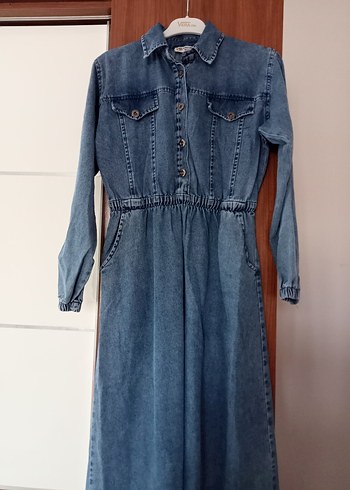 Düğmeli Uzun Denim Kadın Elbise kot elbise - Görsel 2