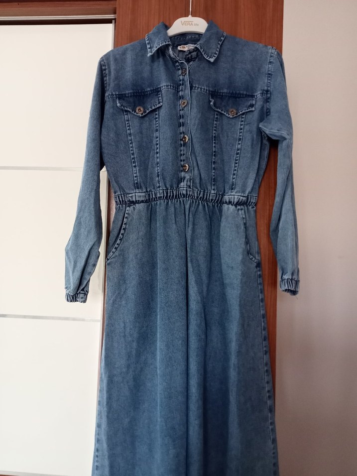 Düğmeli Uzun Denim Kadın Elbise kot elbise - Görsel 2