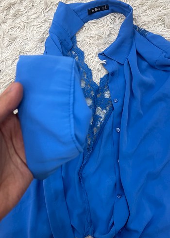 Dantel Detaylı Mavi Kadın Gömlek - Görsel 3
