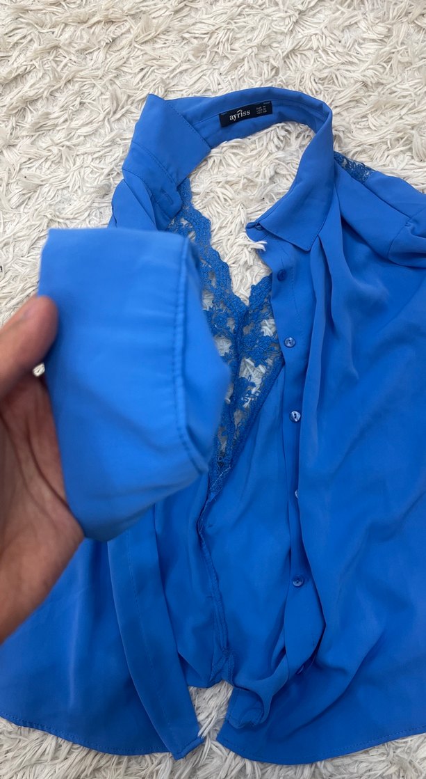 Dantel Detaylı Mavi Kadın Gömlek - Görsel 3