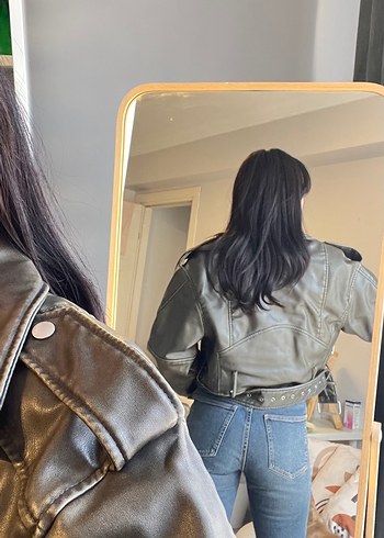 Kadın Gri Deri Biker Ceket - Görsel 3