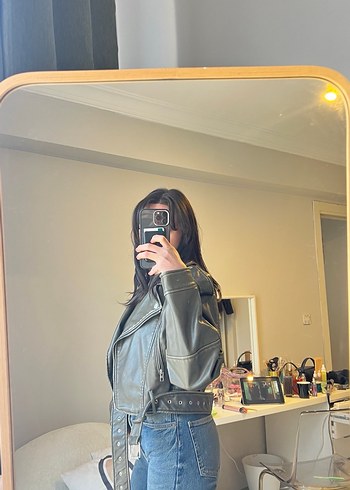 Kadın Gri Deri Biker Ceket - Görsel 2