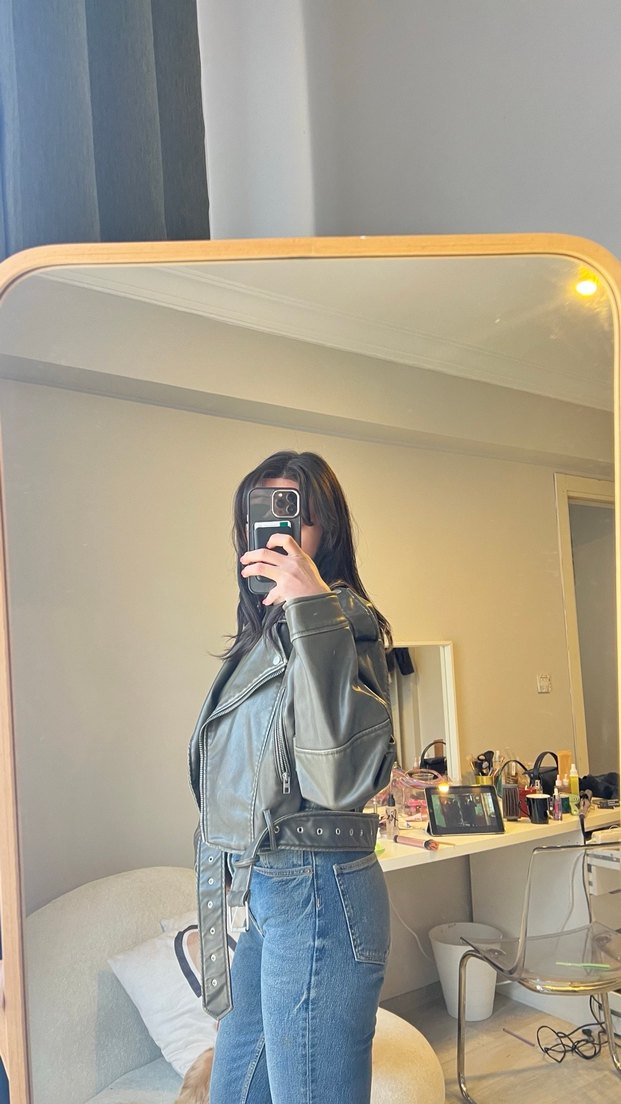 Kadın Gri Deri Biker Ceket - Görsel 2