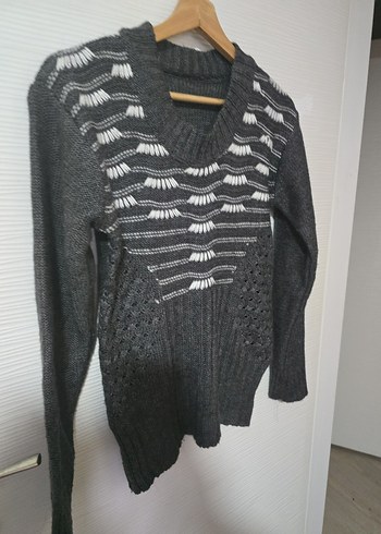 Gri Bohem Tarz Uzun Kollu Örgü Kazak - Görsel 2