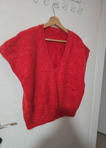 Kırmızı V Yaka Kadın Triko Süveter - Görsel 3