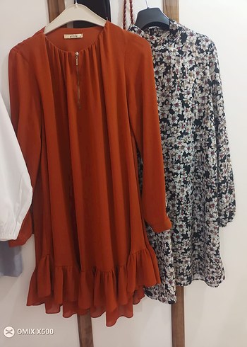 Uzun Kollu Kahverengi Mini Volanlı Tunik
