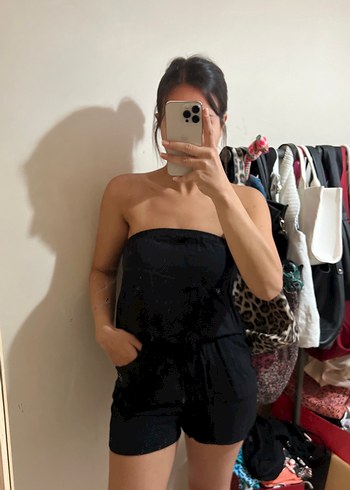 Kadın Siyah Straplez Midi Tulum