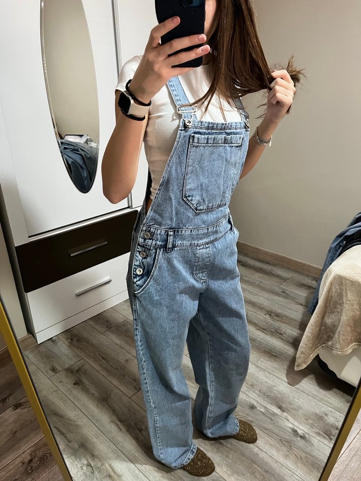 Kadın Mavi Denim Bol Paça Tulum - Görsel 3