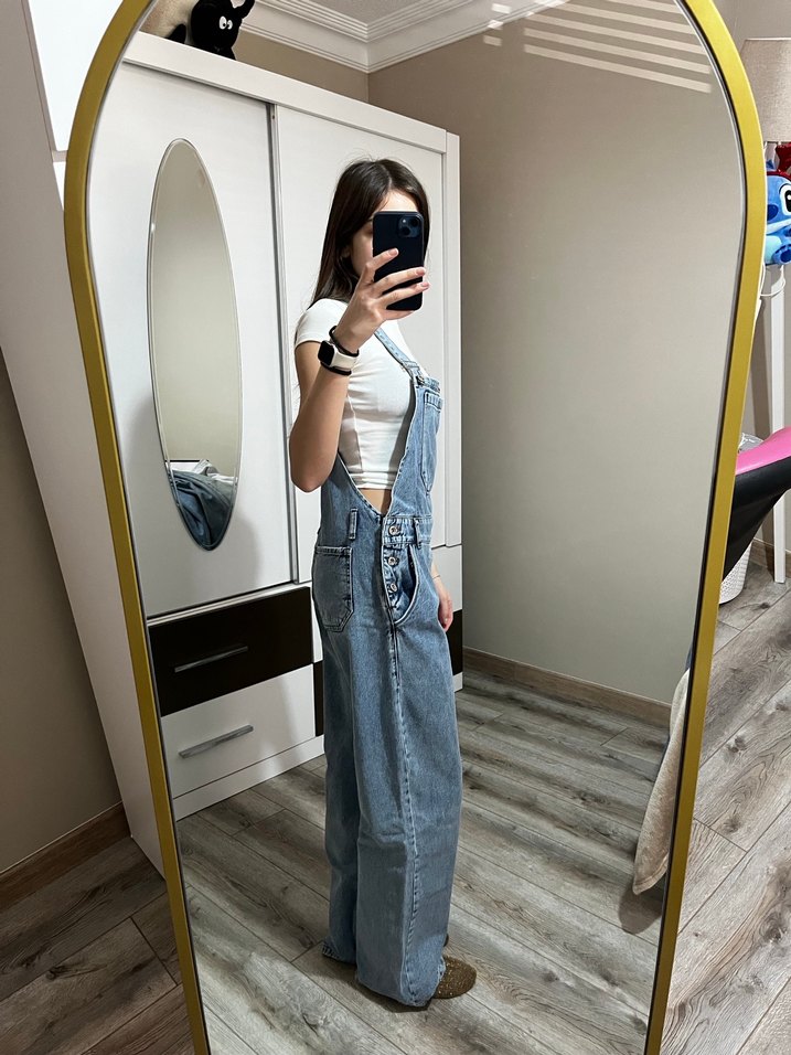 Kadın Mavi Denim Bol Paça Tulum - Görsel 2