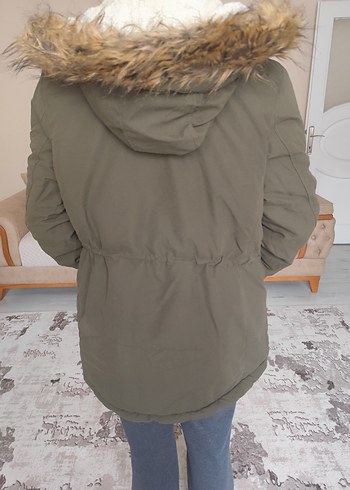 LC Waikiki Gri Kadın Midi Kışlık Mont Kürklü Kapüşonlu